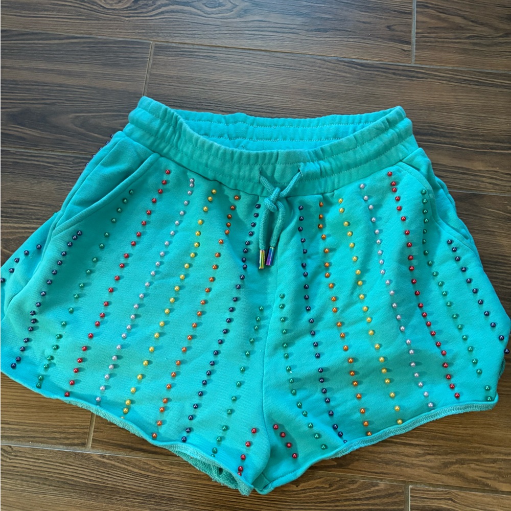 Queen of Sparkles Colorful Beaded Teal Shorts